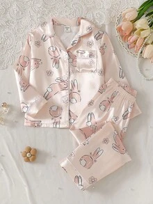 2pcs Cute Rabbit Young Girl Satin Collar Long Sleeve Top And Pants Comfortable Pajama Set - Apricot - View 1