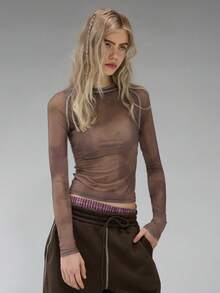 COUREZ 长袖印花迷彩网眼上衣 / Y2K 长袖上衣 外出上衣 女式上衣 冬季女装 BrownTop 印花T恤 女士性感可爱上衣 夏季上衣 夏季穿搭 - 咖啡棕 - 查看 4