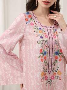 Yasmyna V-Neck Floral Print Front Button Abaya, Pink - Pink - View 2