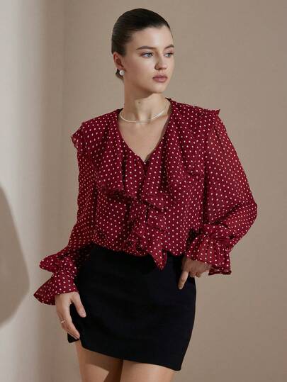 Aveloria Rosie Women's Lightweight Chiffon Blouses With A V-Neck, Loose Fit, And Long Sleeves. Features A Retro Polka Dot Print And Layered Ruffle Details. French Elegance. Suitable For Office Wear, Dates, And Autumn. Elegant Blouses For Ladies.