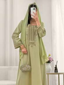 Yasmyna Elegant Embroidered Loose Long Sleeve Robe With Headscarf - Green - View 2