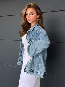 Jeta Ari Veste en jean ample et décontractée à simple boutonnage pour femmes, vêtements de rentrée scolaire - Bleu azur - Voir 6