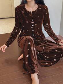 DAZY 2pcs Set Piyama Wanita Motif Bintang Beludru Lengan Panjang & Celana Panjang Lurus, Cocok untuk Musim Semi - Coklat - View 4