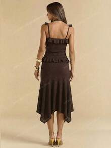 SHEIN BAE 棕色纹理腰果花蕾丝边方领荷叶边吊带背心，女士款，棕色蕾丝上衣，夏季上衣 - 棕色 - 查看 2