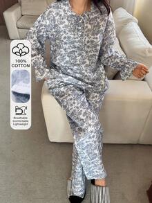 DAZY Dreamy Elegant Floral All-Over Print Frill Trim Tie Neck Loose Women Pajama Set - Blue - View 1