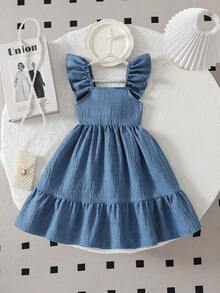 SHEIN Elladie kids 少女甜美可爱沙滩度假夏季短袖蝴蝶结装饰连衣裙，适合日常穿着和度假 - 藍色 - 查看 3