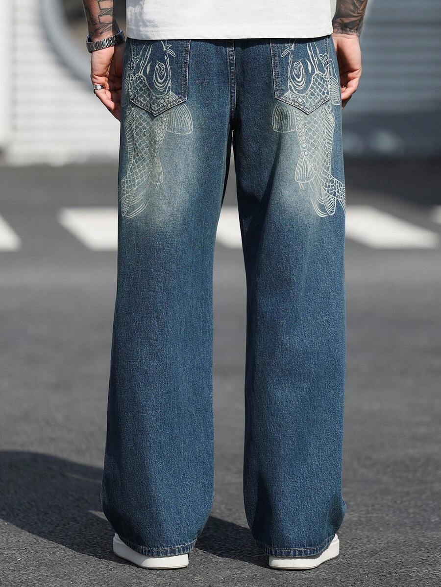 Manfinity LEGND Vintage Distressed Fish Scale Print Carp Pattern Wide Leg Jeans, High Street American Design Men Wide Leg Jean - Dark Wash - View 1