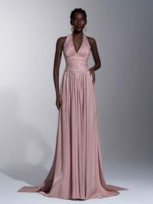 Elitara 优雅浪漫时尚的粉色亮面欧根纱面料褶皱装饰露背大A字廓形优雅派对礼服、婚礼宾客礼服、粉色连衣裙、时尚优雅的婚礼宾客正式晚礼服 - 粉色 - 查看 6