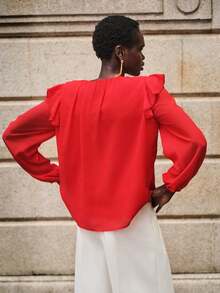 Lumivelle Women's Fashion Ruffle Front Shirt, Valentine's Day Series Red Blouses Ruffle Blouse Long Sleeve Blouse - Red - View 2