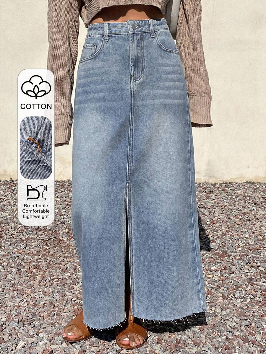 DAZY 女士休闲水洗直筒开衩牛仔A字裙，春夏款 - 藍色 - 查看 1