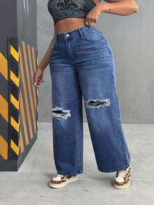 SHEIN CURVE+ Plus Size Women Loose Straight Leg Jeans, Distressed Washed Denim Cargo Pants - Dark Wash - View 3