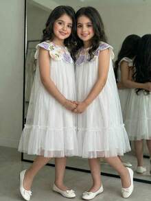 Rochie de seară pentru fete preadolescente, lejeră, casual, cu guler rotund, fără mâneci, în linie A, cu decor floral 3D - alb - Vizualizare 4