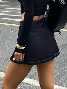 DAZY 女士侧开衩纽扣装饰休闲优雅牛仔裙 Y2k - 深色水洗藍 - 查看 4