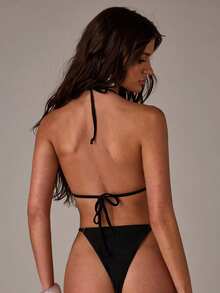 SHEIN BAE 女士纯色镂空挂脖系带性感比基尼泳衣套装，夏季沙滩 - 黑色 - 查看 2