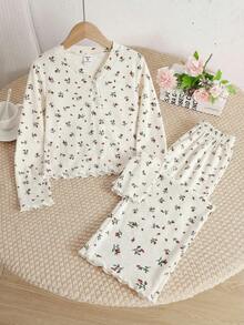SHEIN Bộ đồ ngủ cho bé gái tuổi teen dễ thương, ngọt ngào, tối giản, nhiều màu sắc, họa tiết nơ, cổ chữ V, tay dài và quần dài, viền bèo nhún, chất liệu mềm mại, thoải mái, 2 món. - Màu be - Xem 2