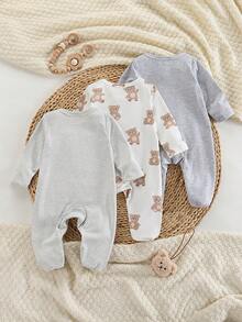 Souflis Souflis Pyjamas pour bébé nouveau-né - Combo de 3 pièces, style classique et adorable unisexe avec éléments populaires d'ours et de rayures, tons neutres gris, barboteuses à pieds pour le port quotidien toute saison. Vêtements unisexes pour nouveau-né, vêtements de bébé neutres - Multicolore - Voir 2