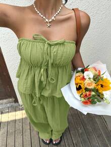 SHEIN EZwear Áo croptop ống rộng buộc dây, gấu quần nhún bèo và quần ống rộng dành cho nữ - trang phục thường ngày thoải mái khi đi nghỉ mát. - Màu xanh chanh - Xem 3