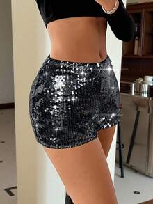 SHEIN EZwear 女士新款亮片拼接时尚百搭约会派对短裤 - 黑與白 - 查看 4