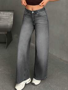 EURMUSE WOMEN WIDE LEG MID WAIST JEANS - Light Grey - View 6