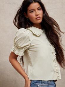 WESTFADE Striped Woven Ruffle Peter Pan Collar Button Front Top - Green - View 6