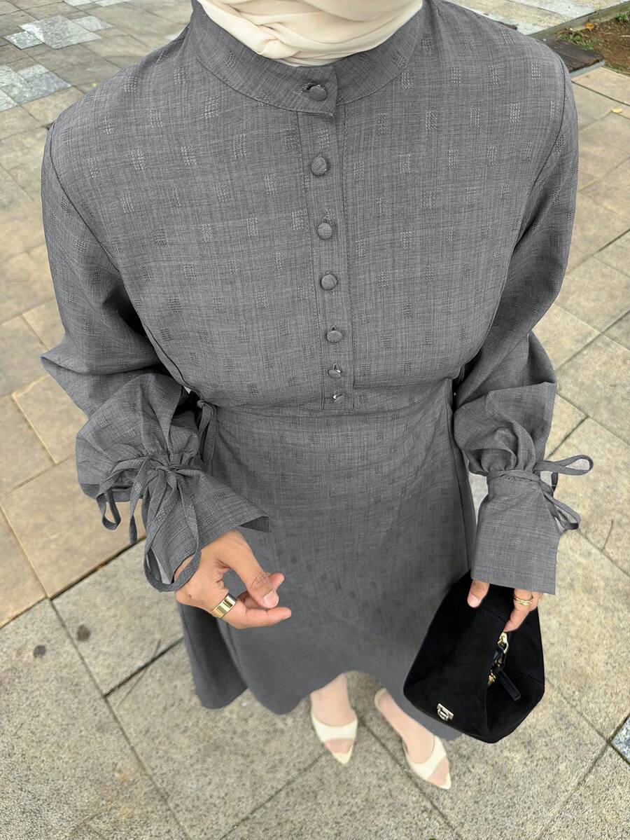 DAZY Women's Turtleneck Textured Waist Flare Sleeve Mid-Length Dress - Grey - View 1