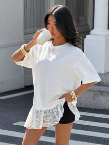 Muchica 女士时尚新款白色撞色蕾丝宽松短袖T恤，适合外出、街头风、Y2K风格、夏季穿着，白色蕾丝边饰上衣 - 白色 - 查看 5