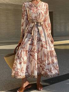 Bohemian Style Floral Print Long Flowy Dress For Women, Spring/Summer Sundress Boho - Apricot - View 5