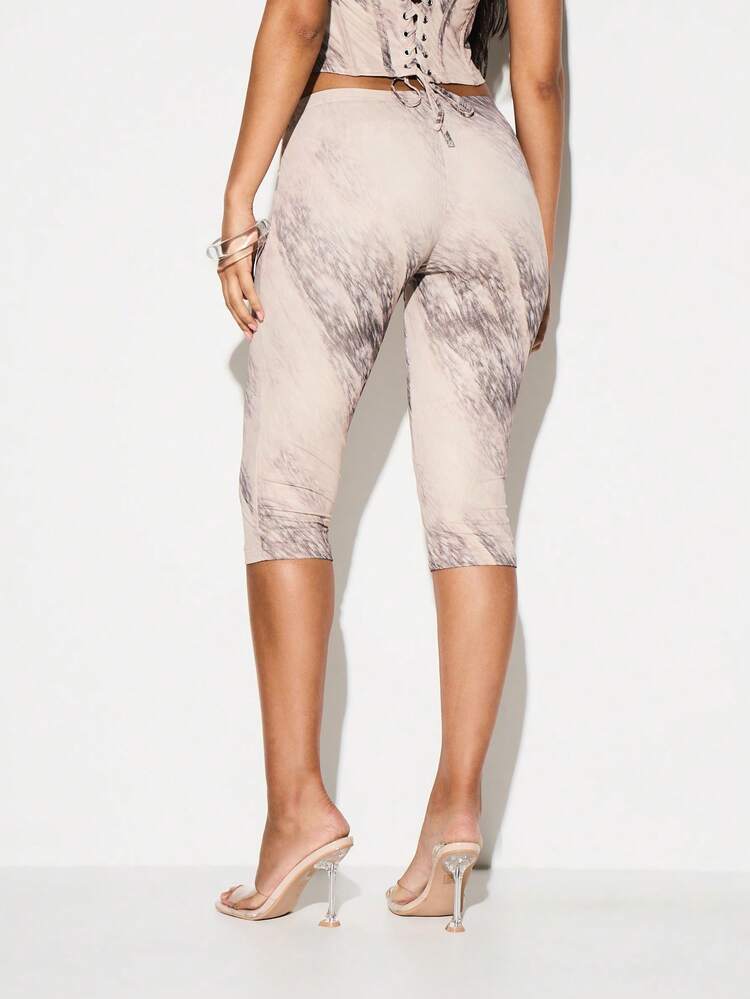 KIZN Animal Print Mid Rise Capri Leggings With Marble Stone Pattern And Lace Up Back Detail For Summer Fashion