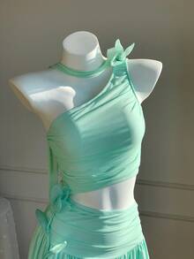 Comfortcana 女士优雅纯色3D立体花卉装饰无袖露脐中长连衣裙，夏季 - 淺綠色 - 查看 1