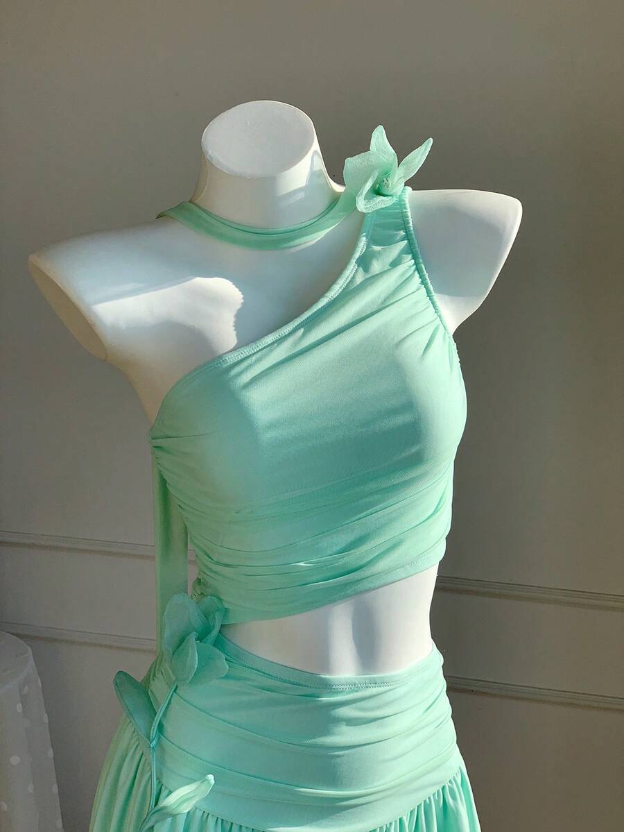 Comfortcana 女士优雅纯色3D立体花卉装饰无袖露脐中长连衣裙，夏季 - 淺綠色 - 查看 1