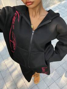 Muchica Women's Letter Print Long Sleeve Zip Front Pocket Sweatshirt - Black - View 1