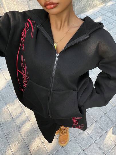 Muchica Women's Letter Print Long Sleeve Zip Front Pocket Sweatshirt