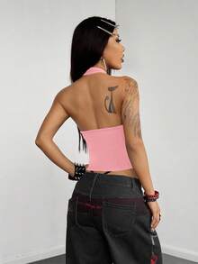 StreetHx Áo croptop cổ yếm gợi cảm, thời trang đường phố dành cho nữ, đính kim loại, thích hợp cho mùa hè. - Màu Hồng baby - Xem 2