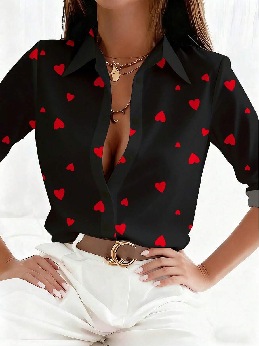 EMERY ROSE 女士优雅长袖衬衫，红色爱心印花 - 黑色上衣，适合春夏穿着，可机洗，百搭休闲及正式场合，俏皮图案，不透明面料 - 彩色 - 查看 1