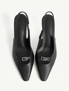 CUCCOO CHICEST Women's Outdoor Round Toe Stiletto Buckle Decor PU Leather Shoes, Fashionable Minimalist Comfortable For Daily, Party, Banquet, Slip-On Backless Pumps Elegant Shoes Wedding Shoes - Black - View 7