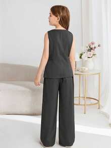 SHEIN Serisse Kids 少女通勤休闲纯色圆领无袖上衣和直筒裤套装 - 灰色 - 查看 2