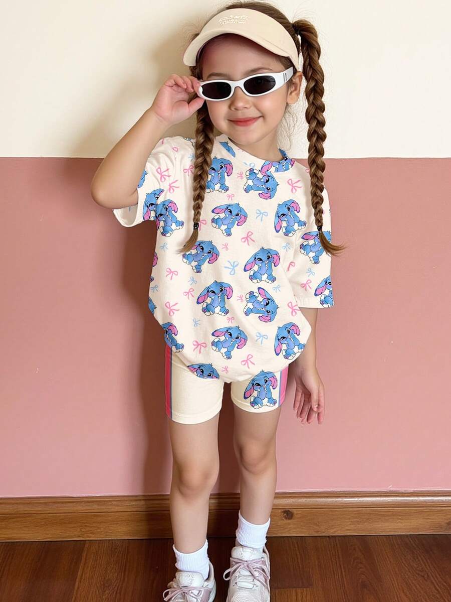 SHEIN Cream White, Cute Cartoon Blue Rabbit Stitch Pattern, Pink Contrast Trim, Young Girl Casual Loose Short Sleeve Round Neck T-Shirt And Shorts Legging 2-Piece Set, Suitable For Spring/Summer Daily, Home, Campus, Spring & Summer Outfits For Outing, Sets For Girls, Stylish Kids, Casual Wear, Kids Cartoon Animal Graphic Clothes, Spring & Summer Fashion, Spring & Summer Clothes, Girls Summer Outfits - Multicolor - View 1