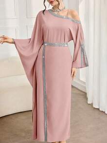 Al Najma Women's Elegant Arabic Style Asymmetric Neck Long Sleeve Split Hem Dress With Ribbon Trim - Baby Pink - View 4