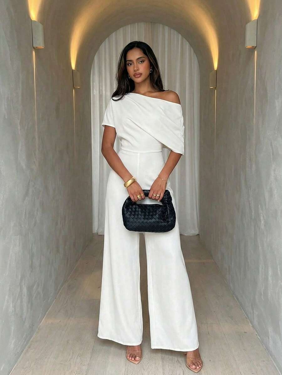 Aloruh Women's New Solid Color Jumpsuit, Oblique Shoulder Design, Wide Leg, Simple & Elegant, Suitable For Commuting, Office Wear