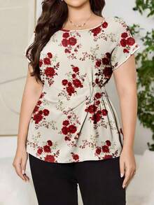 Reflora Plus Size Women's Floral Print Casual Batwing Sleeve Shirred Waist Blouse, Summer Spring - White - View 5
