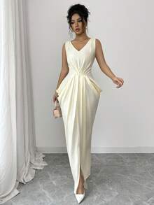 Elenzga Women's Spring/Summer Elegant Dress, V-Neck, Pleated, Waist Cinched, Sleeveless, Casual, Romantic, Vacation, Pale Yellow - Light Yellow - View 5