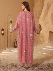 Layrah Elegant Spring/Summer Square Neck Sequin Embroidered Dress For Evening Party - Pink - View 3