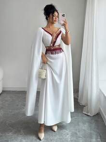 Yasmyna 女士V领流苏亮片拼接优雅阿拉伯风格连衣裙 - 白色 - 查看 4