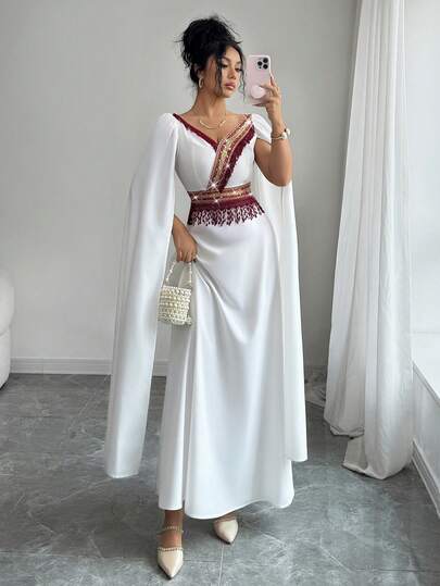 Yasmyna 女士V领流苏亮片拼接优雅阿拉伯风格连衣裙