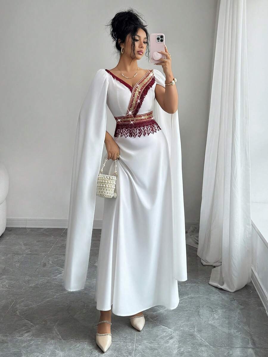 Yasmyna Women's V-Neck Fringe Sequin Patchwork Elegant Arabic Style Dress - White - View 1