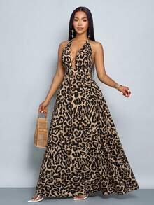 SOLERSUN Women's New Season Leopard Print Halter V-Neck Vacation Holiday Beach Criss Cross Tie Backless Maxi Dress, Spring/Summer (Random Floral) - Brown - View 1