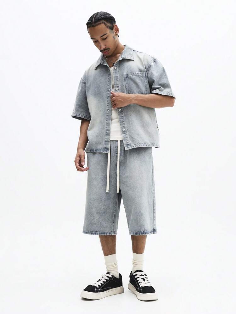 Denim Shirt And Wide Leg Shorts Set