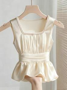 Franclia 女士纯色方领无袖优雅珍珠腰带衬衫 - 杏色 - 查看 1