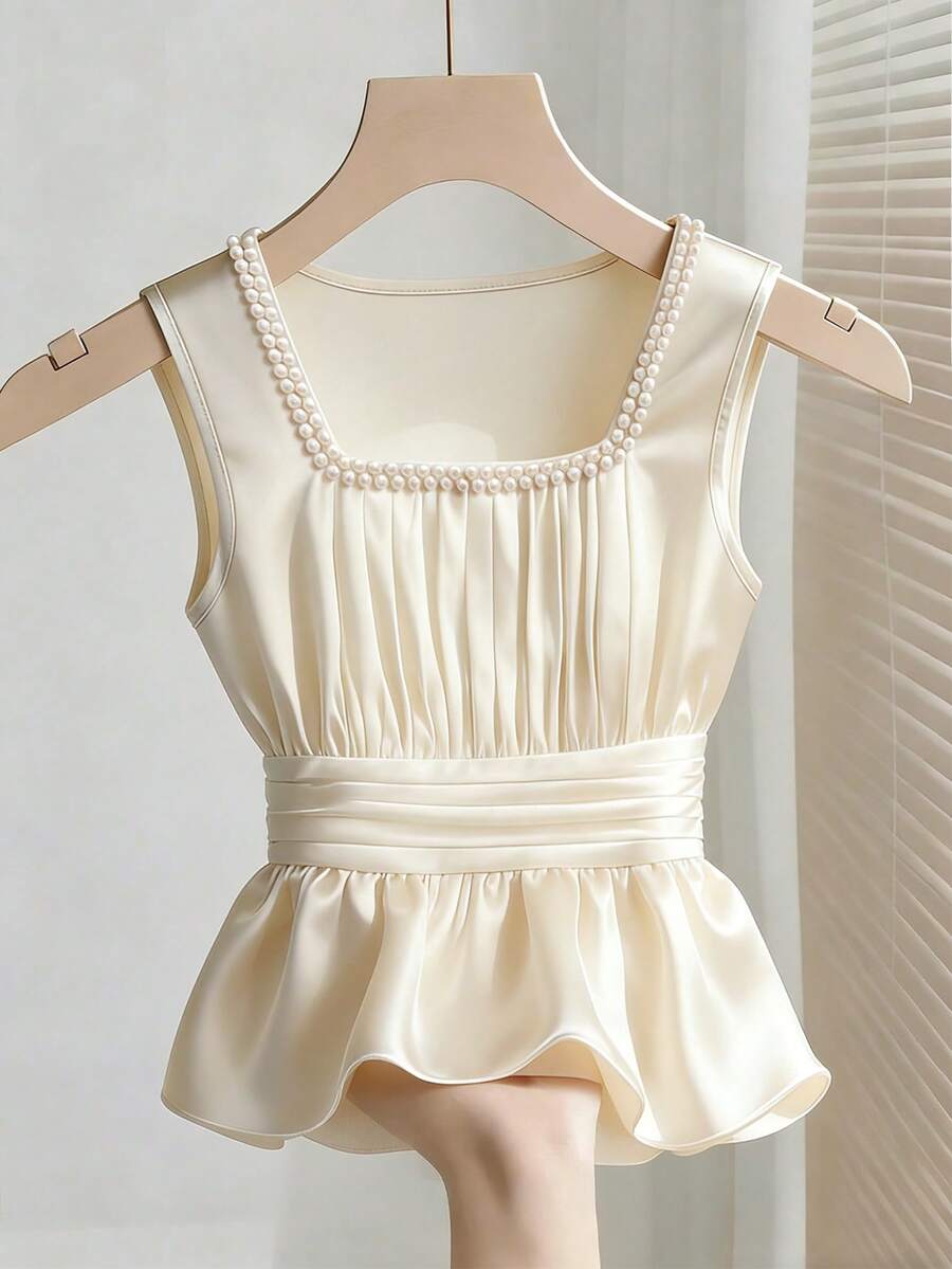 Franclia 女士纯色方领无袖优雅珍珠腰带衬衫 - 杏色 - 查看 1