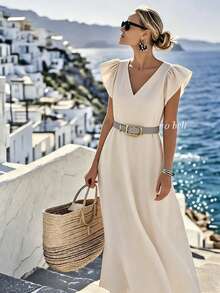 Breezaya Đầm màu mơ thanh lịch, dáng rộng, cổ chữ V, tay ngắn, thích hợp cho nữ mặc hàng ngày đi làm. - Màu be - Xem 2